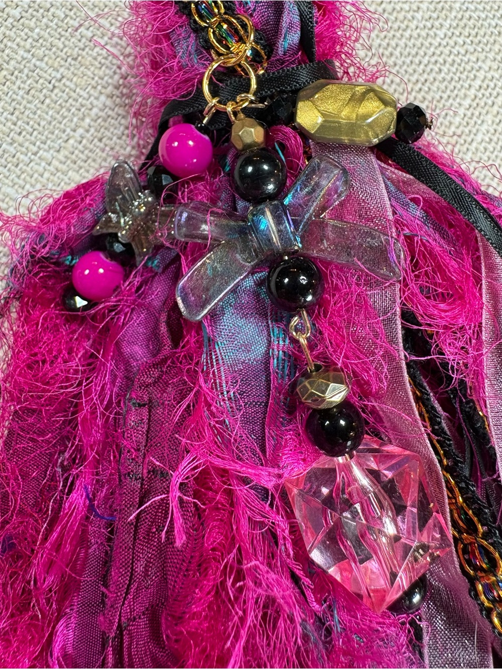 Hand Crafted Fuchsia Pink Tassel Keychain/Bag Charm with Gold Accents - Picture 4 of 12